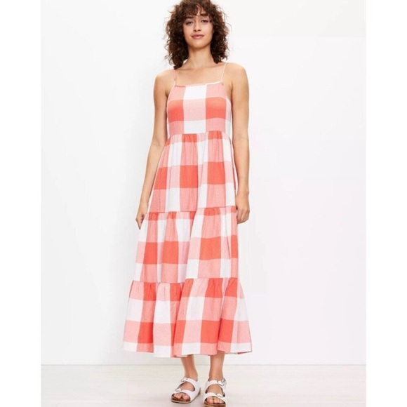 Lou & Grey Dresses & Skirts - LOU & GREY Gingham Check Tiered Tank Midi Smocked Dress in Coral/White Size L